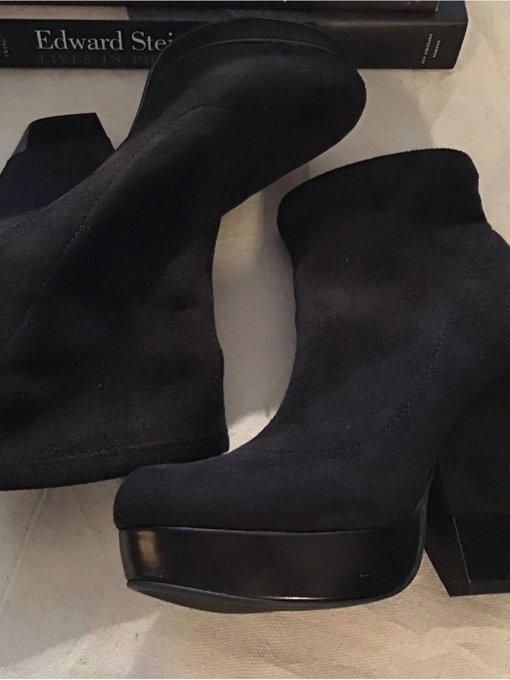 BCBGMaxAzria Black Suede Platform Block Heel Ankle Boots